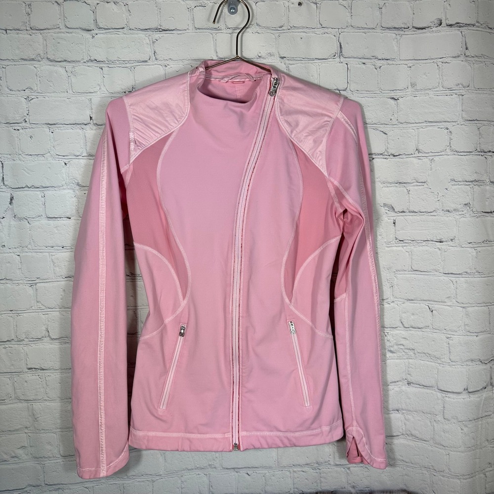 Lululemon Pink Asymmetrical Zip Running Jacket Mesh Ruffle Back Womens Size 6